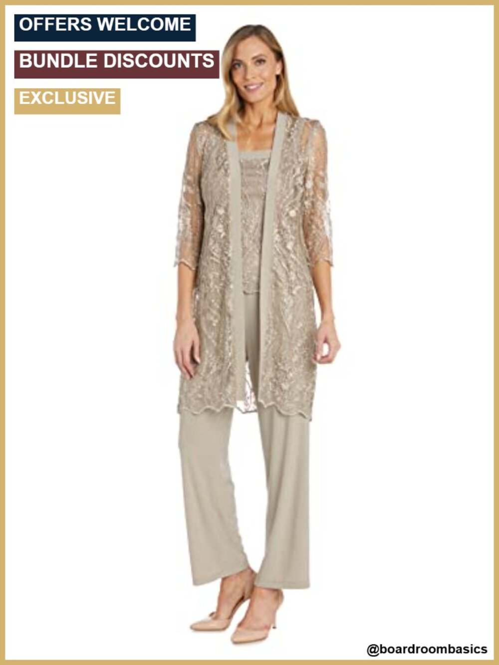 R&M Richards 3-Piece Business Suit Set Sheer Lace Duster Tank Wide Leg Trousers